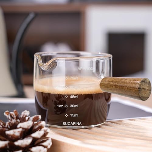 Supvox® Double Espresso Cup 75ml Heat Resistant Measurement Cup with Wooden Handle High Boron Glass Espresso Shot Glass with Easy Pour Spout for Home and Cafe - Image 3