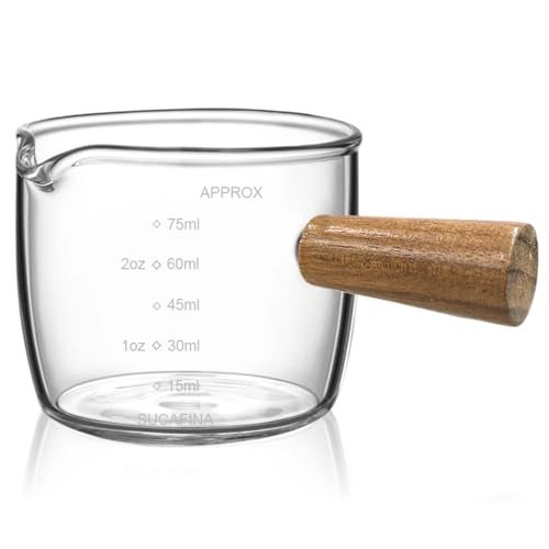 Supvox® Double Espresso Cup 75ml Heat Resistant Measurement Cup with Wooden Handle High Boron Glass Espresso Shot Glass with Easy Pour Spout for Home and Cafe - Image 1