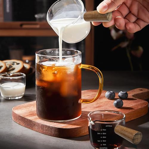 Supvox® Double Espresso Cup 75ml Heat Resistant Measurement Cup with Wooden Handle High Boron Glass Espresso Shot Glass with Easy Pour Spout for Home and Cafe - Image 4