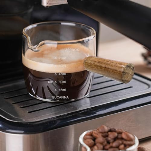 Supvox® Double Espresso Cup 75ml Heat Resistant Measurement Cup with Wooden Handle High Boron Glass Espresso Shot Glass with Easy Pour Spout for Home and Cafe - Image 5