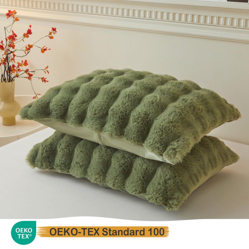 LIFEREVO 2 Pieces Fluffy Faux Rabbit Fur Pillow Cases, Luxury Soft Plush Shaggy Bubble Pillowcases King Size with Zipper, Moss Furry Fuzzy Long Pillow Shams Adult Girls Kids Teens 20x36, Sage Green - Image 3