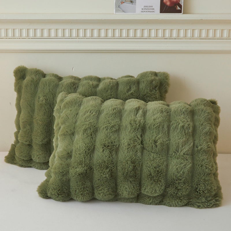 LIFEREVO 2 Pieces Fluffy Faux Rabbit Fur Pillow Cases, Luxury Soft Plush Shaggy Bubble Pillowcases King Size with Zipper, Moss Furry Fuzzy Long Pillow Shams Adult Girls Kids Teens 20x36, Sage Green - Image 1