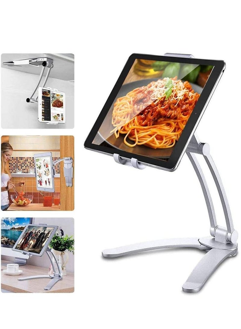 Kitchen Tablet Stand Wall Mount Adjustable, 2-in-1 Wall/Tabletop Desktop Recipe Holder for 4-11 Inch iPad Air Mini, iPhone 14 PRO Max XR X 6 7 8 Plus More Tablets (White) - Image 1
