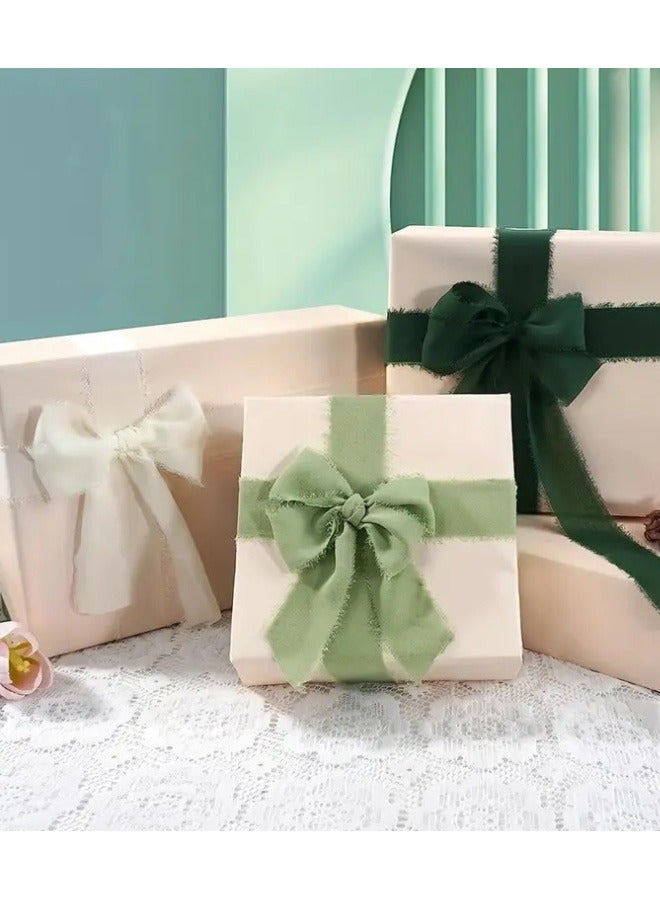 GMORO 3 Rolls Handmade Fringe Chiffon Silk Ribbon Green & Cream Ribbons Set for Wedding Invitations Bridal Bouquets Gift Wrapping Holiday Decor - Image 5