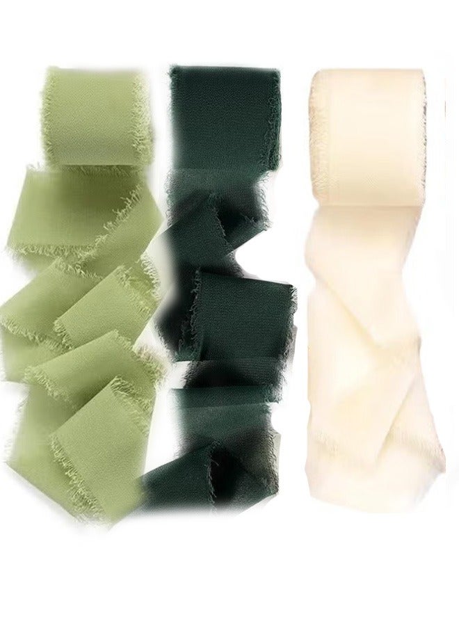 GMORO 3 Rolls Handmade Fringe Chiffon Silk Ribbon Green & Cream Ribbons Set for Wedding Invitations Bridal Bouquets Gift Wrapping Holiday Decor - Image 1