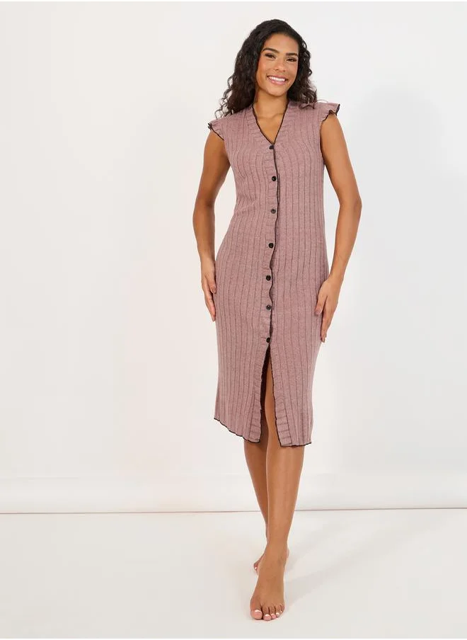 Styli Rib Contrast Edge Button Closure Nightshirt Dress