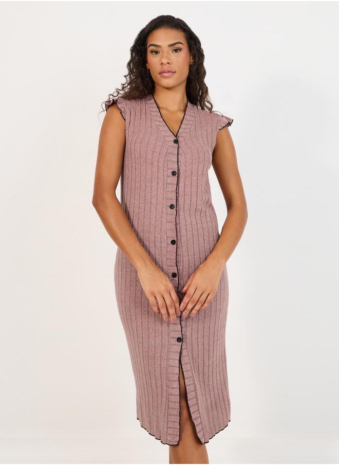 Styli Rib Contrast Edge Button Closure Nightshirt Dress  - Image 2