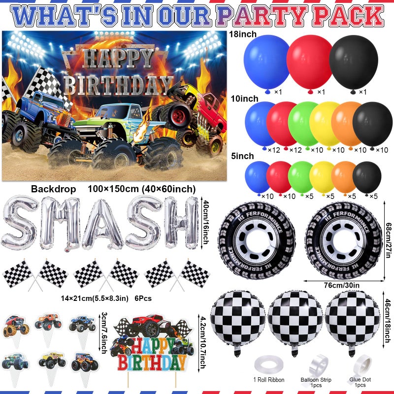 Golray 145Pcs Monster Truck Birthday Decorations Machines Party Decoration with Truck Theme Balloon Garland Arch Kit Wheel Foil Balloon Backdrop Cake Topper Baby Shower Truck Birthday Supplies for Boys - Image 2