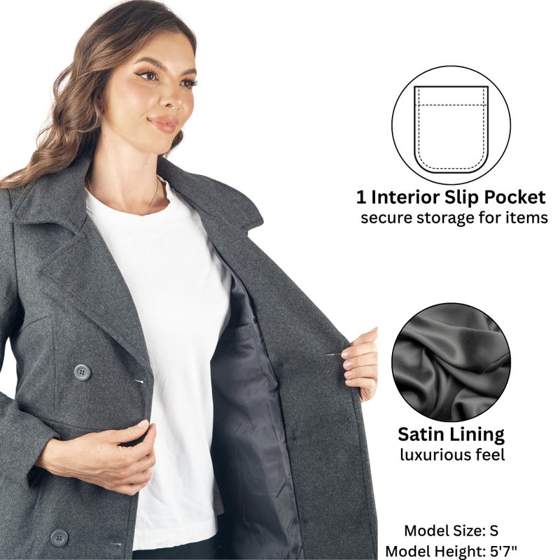 Alpine Swiss Emma Women's Wool Peacoat â€“ Double-Breasted 3/4 Length Overcoat, Stylish & Warm Blazer for Fall & Winter Gray Large - Image 5