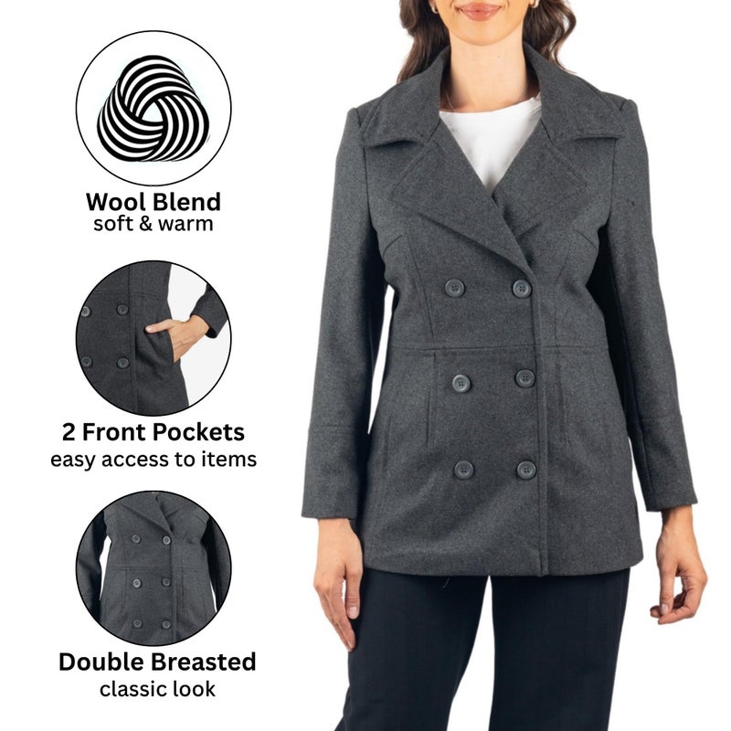 Alpine Swiss Emma Women's Wool Peacoat â€“ Double-Breasted 3/4 Length Overcoat, Stylish & Warm Blazer for Fall & Winter Gray Large - Image 4