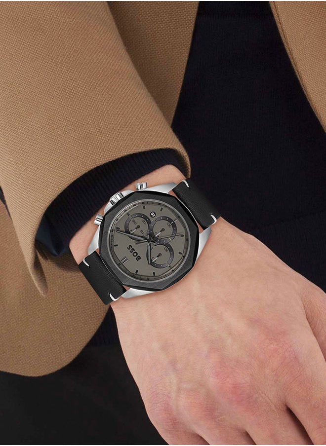 HUGO BOSS - Men Chronograph Round Shape Leather Wrist Watch 44 mm - Image 1