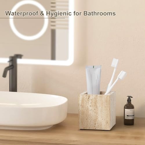 Zilukar Real Natural Travertine Marble Toothbrush Holder & Pen Holder & Makeup Brush Holder & Utensil Holder, Genuine Stone Rectangular Bathroom Tumbler Cup, Durable Office & Home Countertop Organizer - Image 4