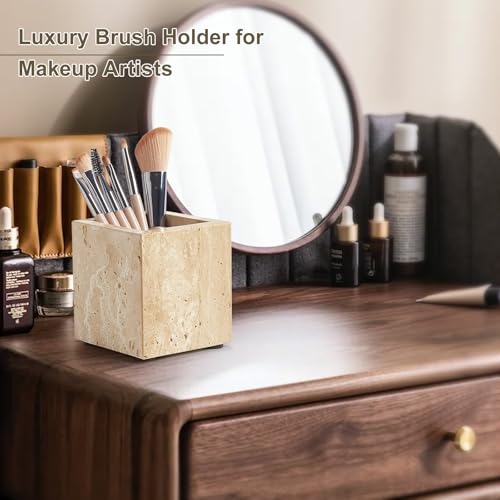 Zilukar Real Natural Travertine Marble Toothbrush Holder & Pen Holder & Makeup Brush Holder & Utensil Holder, Genuine Stone Rectangular Bathroom Tumbler Cup, Durable Office & Home Countertop Organizer - Image 5