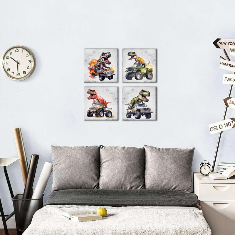 YOOOAHU Dinosaur Wall Art Funny Dinosaur in Car Pictures Bathroom Bedroom Wall Decor Retro Dino Posters Neutral Nursery Kids Girls Playroom Classroom Cool Canvas Prints Artwork Home Decorations 12x12  4 Pcs - Image 3