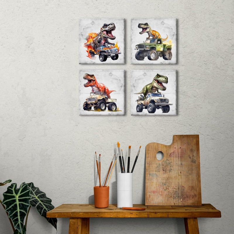 YOOOAHU Dinosaur Wall Art Funny Dinosaur in Car Pictures Bathroom Bedroom Wall Decor Retro Dino Posters Neutral Nursery Kids Girls Playroom Classroom Cool Canvas Prints Artwork Home Decorations 12x12  4 Pcs - Image 2