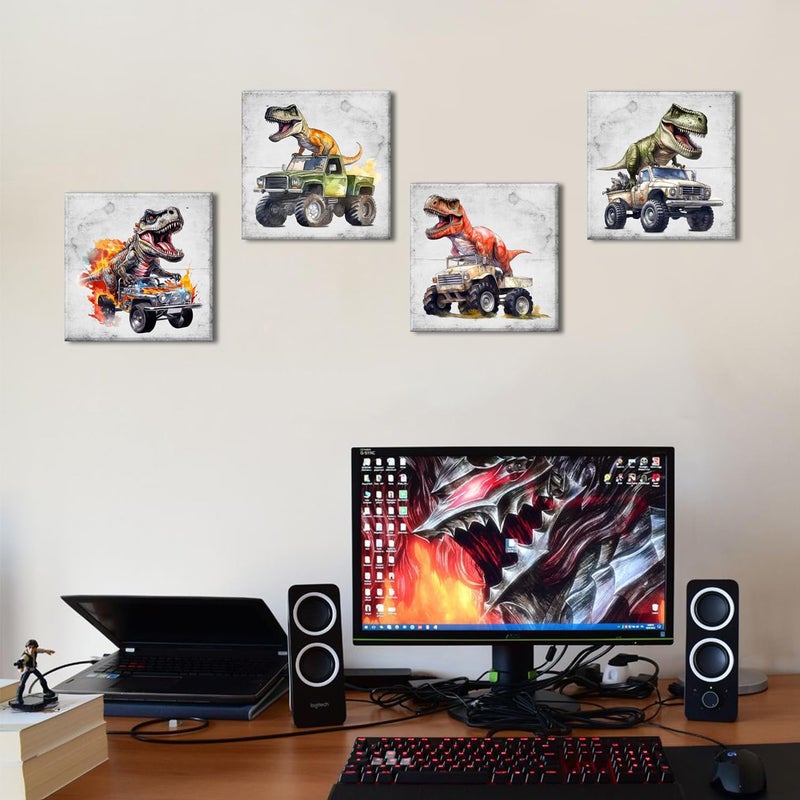 YOOOAHU Dinosaur Wall Art Funny Dinosaur in Car Pictures Bathroom Bedroom Wall Decor Retro Dino Posters Neutral Nursery Kids Girls Playroom Classroom Cool Canvas Prints Artwork Home Decorations 12x12  4 Pcs - Image 4