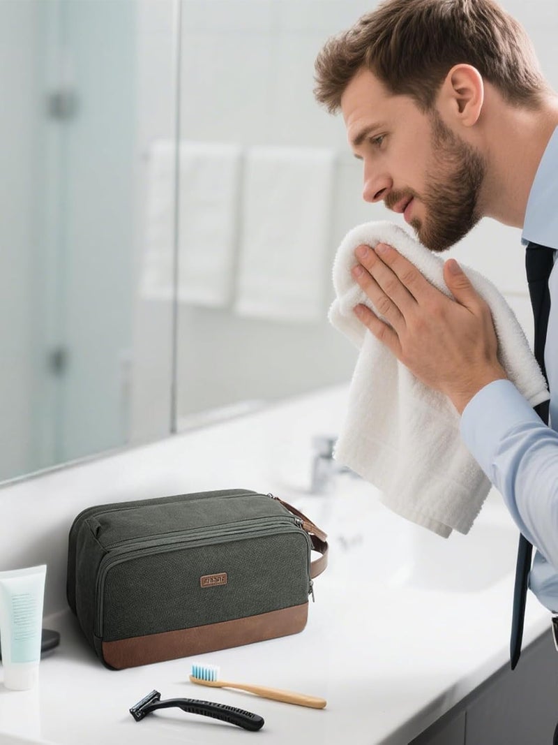 WANDF Toiletry Bag for Men Travel Toiletry Organizer Canvas and Leather Dopp Kit Water-Resistant Shaving Bag for Travel Accessories (Green, Patent Pending) - Image 5