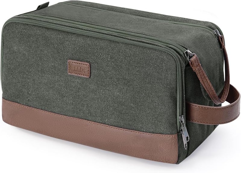 WANDF Toiletry Bag for Men Travel Toiletry Organizer Canvas and Leather Dopp Kit Water-Resistant Shaving Bag for Travel Accessories (Green, Patent Pending) - Image 1