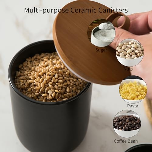 Kendiis Black Ceramic Canister Set, 3pcs Ceramic Kitchen Canisters for Countertop with Airtight Wood Lids, Large Flour and Sugar Containers for Coffee, Tea, Spice - Image 5