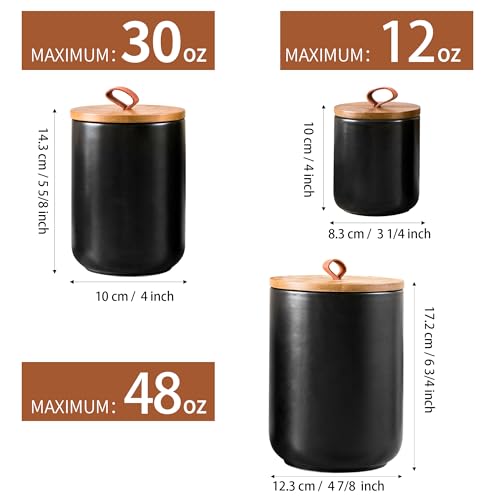 Kendiis Black Ceramic Canister Set, 3pcs Ceramic Kitchen Canisters for Countertop with Airtight Wood Lids, Large Flour and Sugar Containers for Coffee, Tea, Spice - Image 3