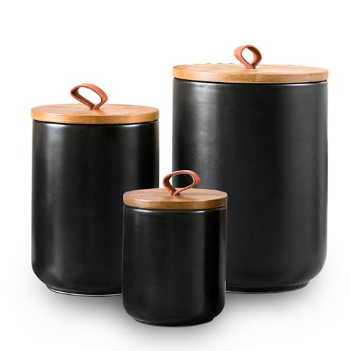 Kendiis Black Ceramic Canister Set, 3pcs Ceramic Kitchen Canisters for Countertop with Airtight Wood Lids, Large Flour and Sugar Containers for Coffee, Tea, Spice - Image 1