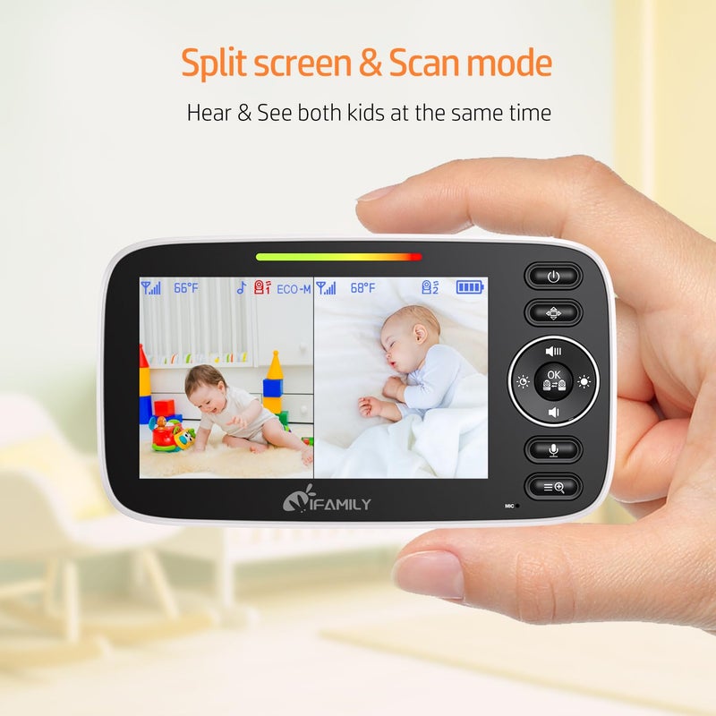 iFamily مراقب الأطفال iFamily بشاشة مقسمة، مراقب فيديو للأطفال بشاشة كبيرة مع 2 كاميرا وصوت، نطاق طويل، تحريك عن بُعد، رؤية ليلية، مستشعر درجة الحرارة، حديث ثنائي الاتجاه، ساعة تغذية وأغاني مهدئة. - Image 2