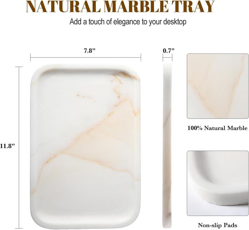 Koville Marble Tray, 12"x8" Marble Vanity Tray for Bathroom Kitchen Countertop, Rectangular Stone Tray for Cosmetics Perfume Trinket, Decorative Catchall Trays (Golden Calacatta) - Image 3