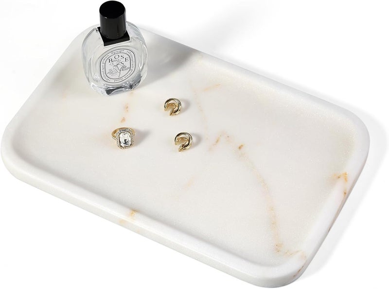 Koville Marble Tray, 12"x8" Marble Vanity Tray for Bathroom Kitchen Countertop, Rectangular Stone Tray for Cosmetics Perfume Trinket, Decorative Catchall Trays (Golden Calacatta) - Image 1