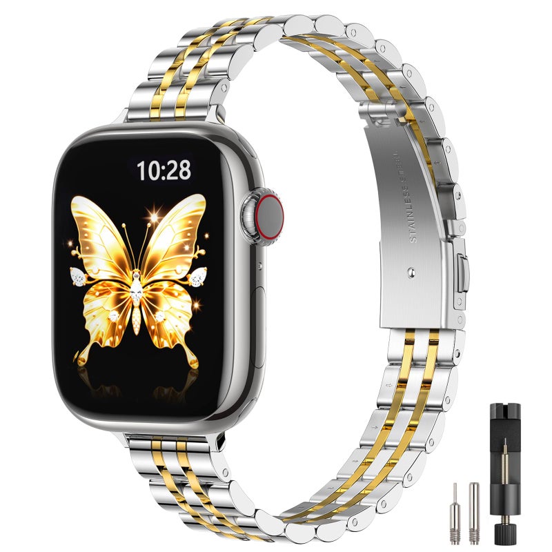 STIROLL Slim Metal Band Compatible with Apple Watch 41mm 40mm 38mm 42mm(Series 11 10) Women, Stylish Thin Stainless Steel Chain Straps for iWatch Bands Series 9 8 7 6 5 4 3 2 1 SE, Silver Gold - Image 1
