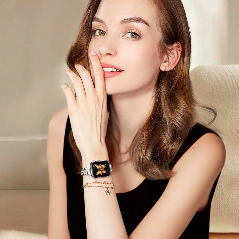 STIROLL Slim Metal Band Compatible with Apple Watch 41mm 40mm 38mm 42mm(Series 11 10) Women, Stylish Thin Stainless Steel Chain Straps for iWatch Bands Series 9 8 7 6 5 4 3 2 1 SE, Silver Gold - Image 5