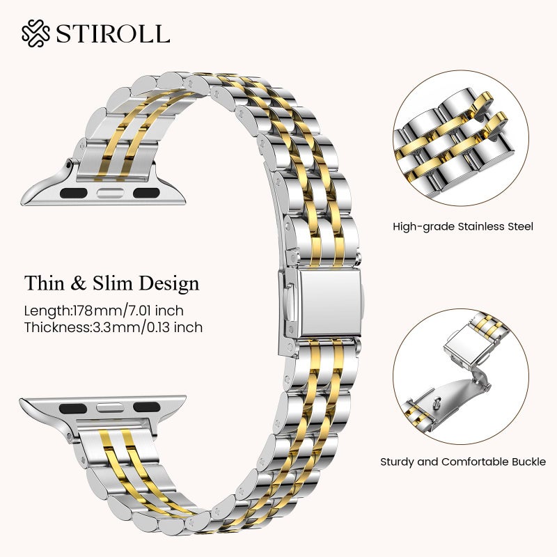 STIROLL Slim Metal Band Compatible with Apple Watch 41mm 40mm 38mm 42mm(Series 11 10) Women, Stylish Thin Stainless Steel Chain Straps for iWatch Bands Series 9 8 7 6 5 4 3 2 1 SE, Silver Gold - Image 3