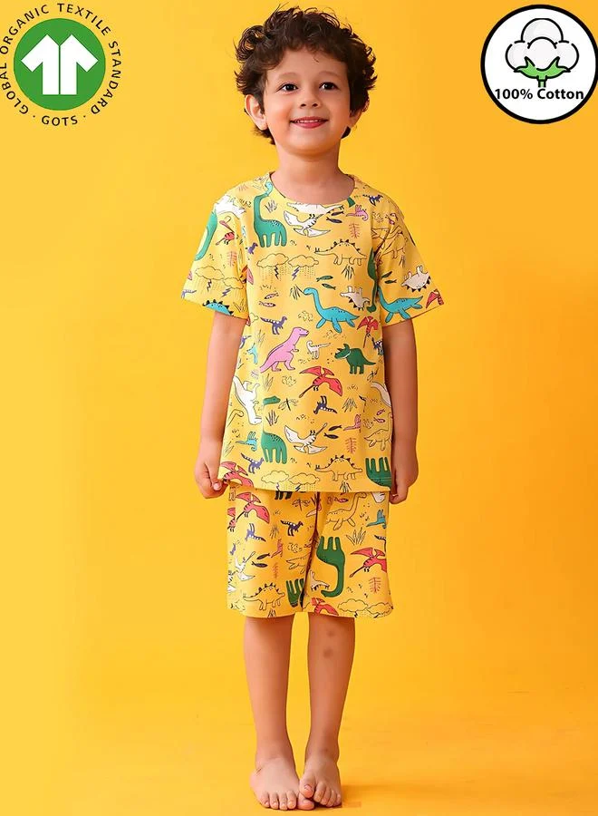 انثريلو طقم من تيشيرت قطني بطبعة ديناصور صفراء مع شورت