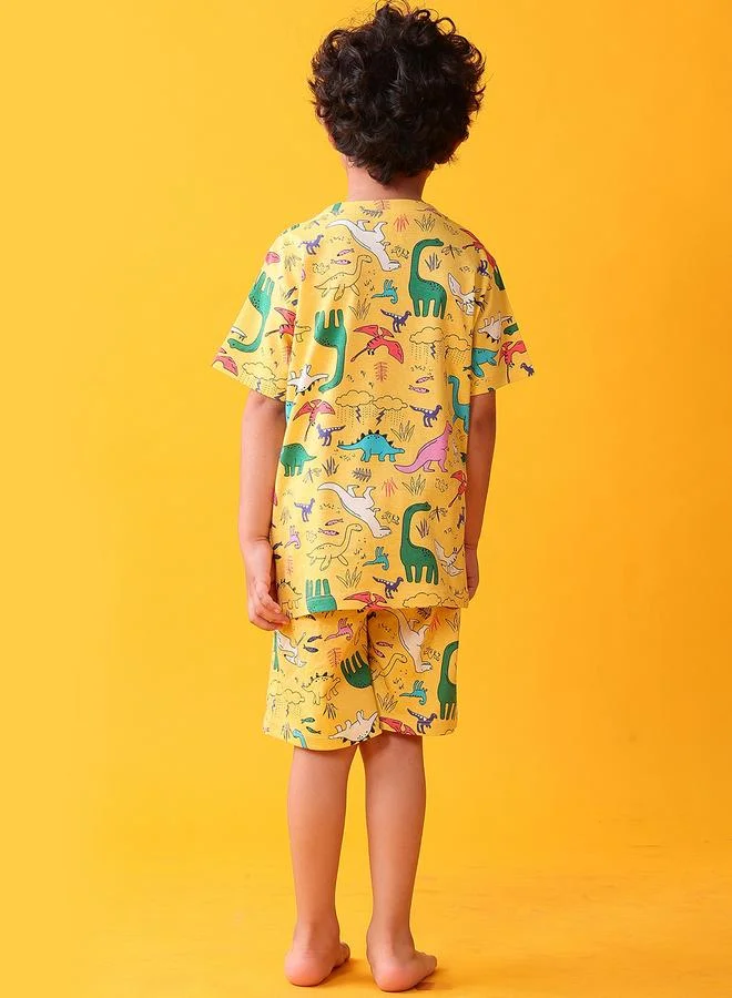 انثريلو طقم من تيشيرت قطني بطبعة ديناصور صفراء مع شورت