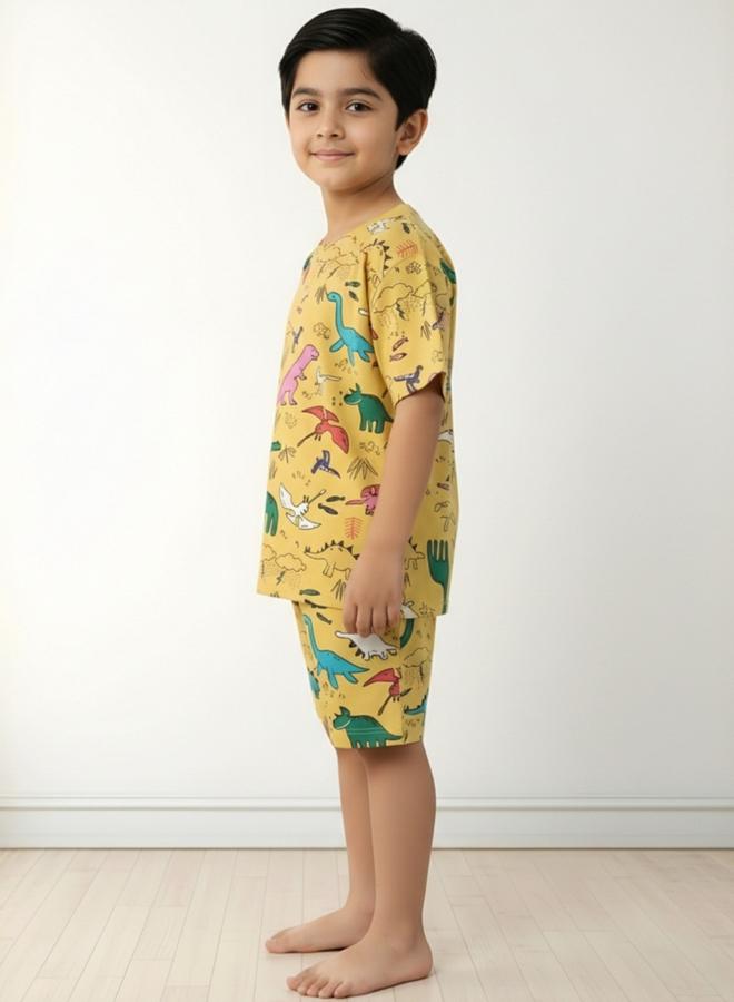 Anthrilo Kids Yellow Dinosaur Print Cotton T-Shirt and Shorts Set - Image 3