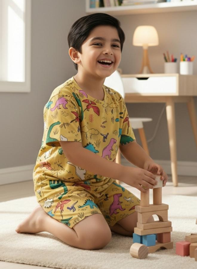 Anthrilo Kids Yellow Dinosaur Print Cotton T-Shirt and Shorts Set - Image 5