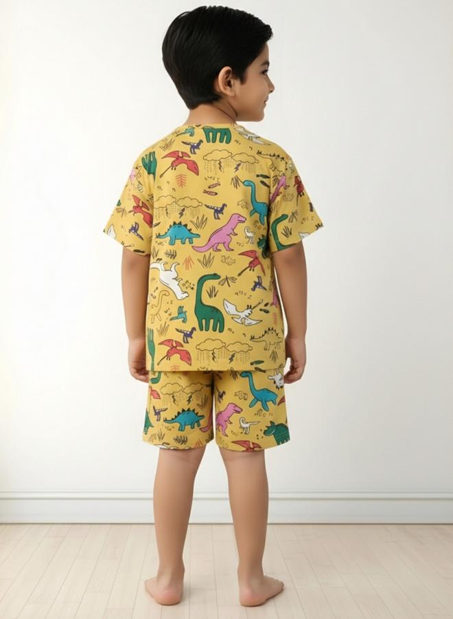 Anthrilo Kids Yellow Dinosaur Print Cotton T-Shirt and Shorts Set - Image 2