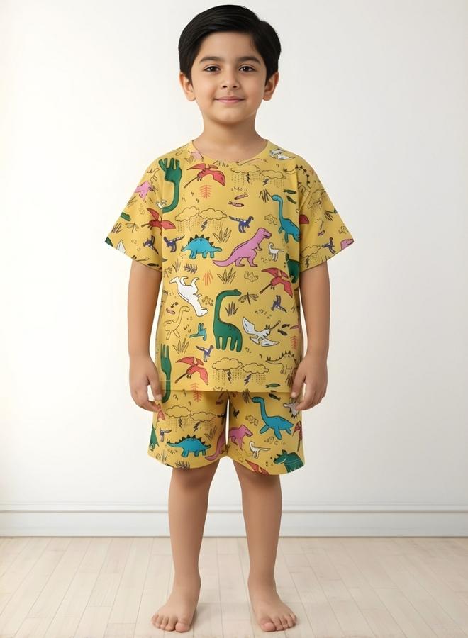 Anthrilo Kids Yellow Dinosaur Print Cotton T-Shirt and Shorts Set - Image 1