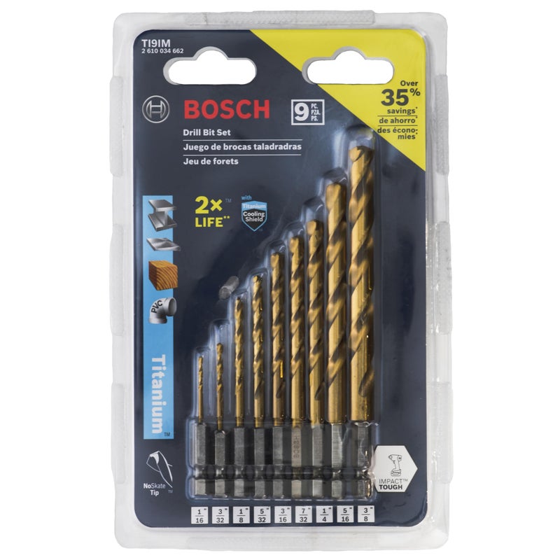 Bosch Ti9Im 9-Piece Assorted Set Titanium Nitride Coated Metal Drill Bits - Impact Tough With Impact-Rated Hex Shank Ideal For Heavy-Gauge Carbon Steels  Light Gauge Metal  Hardwood - Image 1