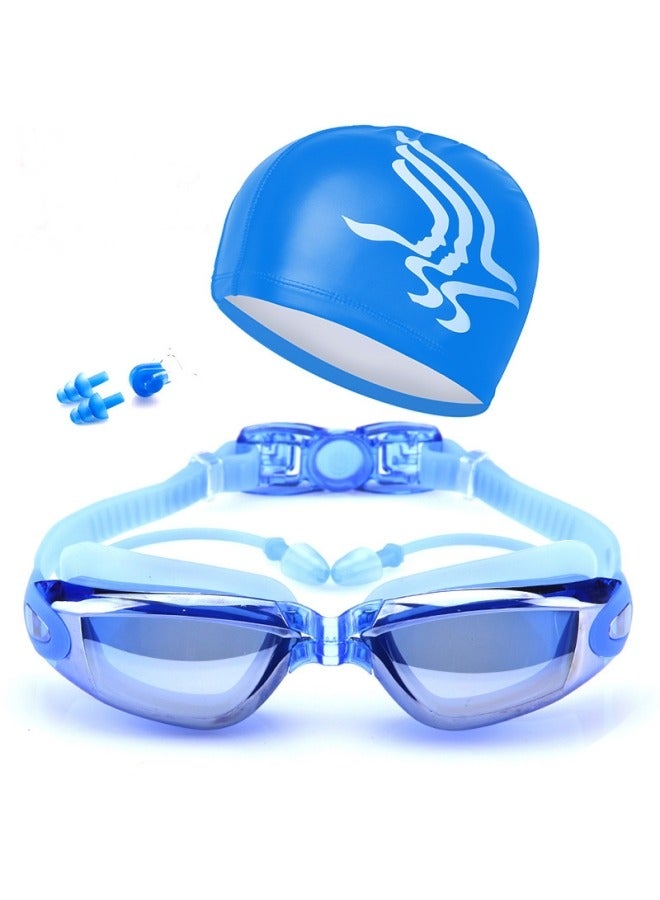 Swimming Kit | Electroplated Swimming Goggles - Cap - Earplugs - Nose clip | Comfortable Adjustable Anti Fog UV Protected lenses | For Adults or Kids Men or Women | No Leaking | Blue - Image 1