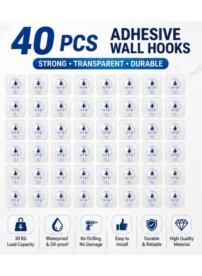 40-Piece Transparent Adhesive Wall Hooks Set – Strong Self-Stick Magic Hooks Without Drilling for Clothes, Keys & Home Organization in Kitchen, Bathroom and Bedroom - Image 1