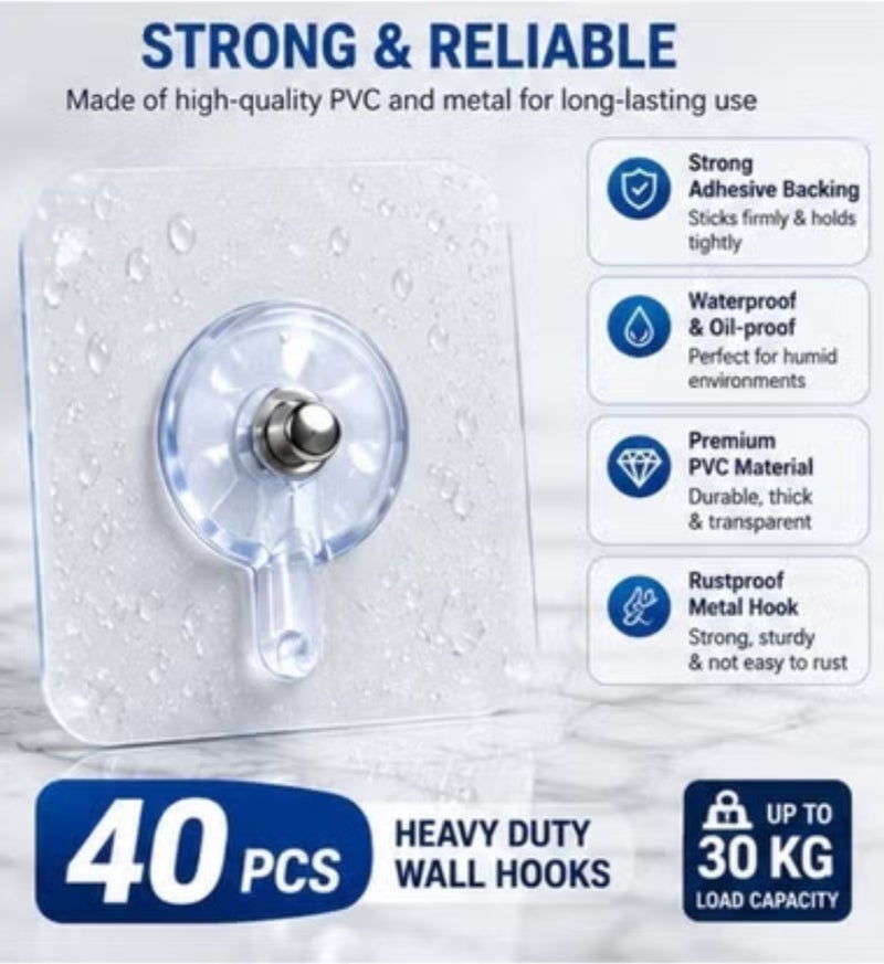 40-Piece Transparent Adhesive Wall Hooks Set – Strong Self-Stick Magic Hooks Without Drilling for Clothes, Keys & Home Organization in Kitchen, Bathroom and Bedroom - Image 2
