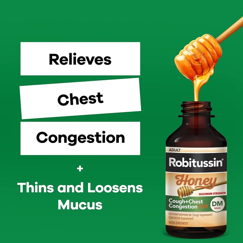 Robitussin Maximum Strength Honey Cough Plus Chest Congestion DM Cough Medicine for Cough and Chest Congestion Relief Made with Real Honey for Flavor 8 Fl Oz x 2 - Image 5