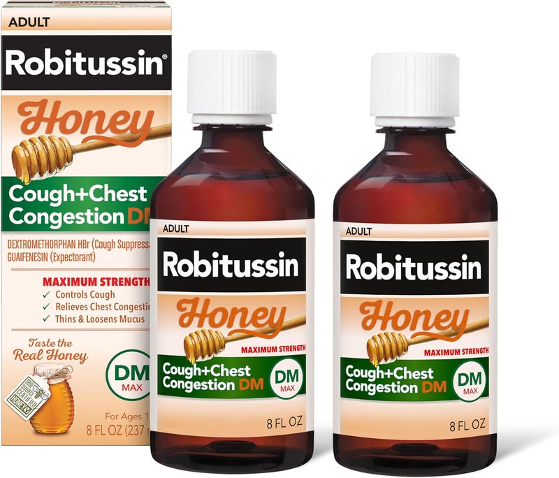 Robitussin Maximum Strength Honey Cough Plus Chest Congestion DM Cough Medicine for Cough and Chest Congestion Relief Made with Real Honey for Flavor 8 Fl Oz x 2 - Image 1
