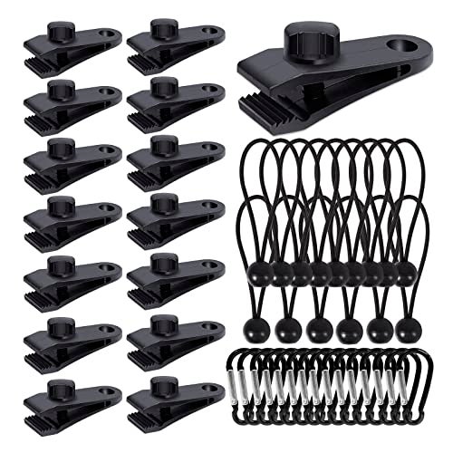 Dualshine 45Pcs Tarp Clips Heavy Duty Lock Grip with Carabiner Clips and Bungee Cords Set, Tarp Clamps Shark Tarp Fasteners Awning Clips Tent Clips Tarp Tie Down for Awnings Camping Caravan Canopies - Image 1