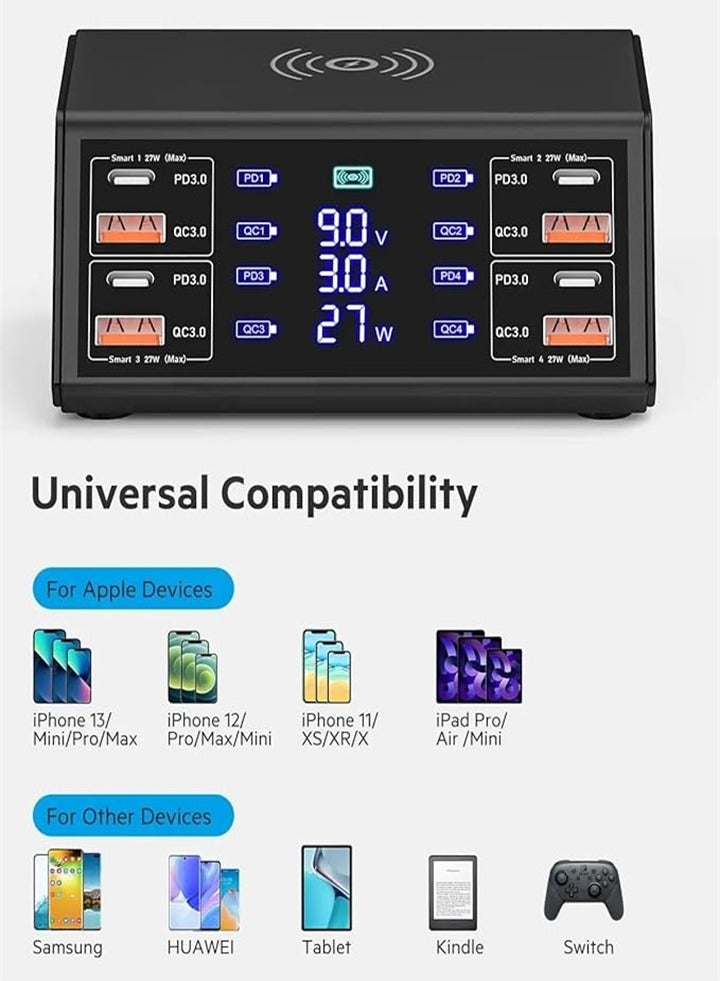 USB Charger, 100W 8-Port Multiple USB Charging Station with 4 Quick Charge 3.0, 4 USB C PD Ports, Wireless Charger, Compatible with iPhone, Samsung, Huawei, Game Consoles - Image 4