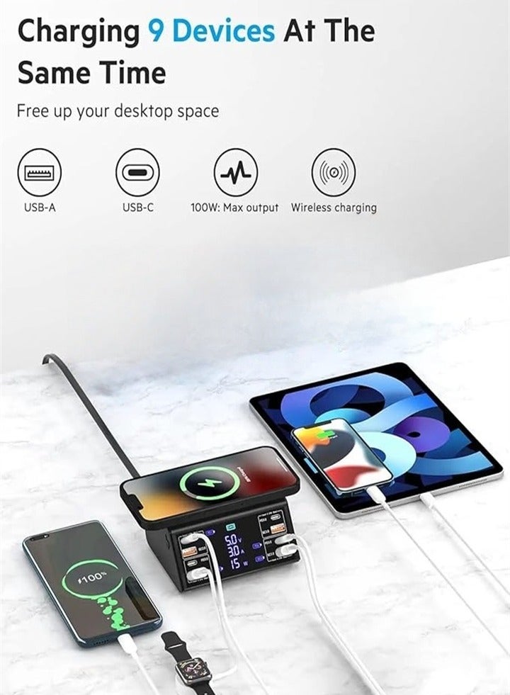 USB Charger, 100W 8-Port Multiple USB Charging Station with 4 Quick Charge 3.0, 4 USB C PD Ports, Wireless Charger, Compatible with iPhone, Samsung, Huawei, Game Consoles - Image 2
