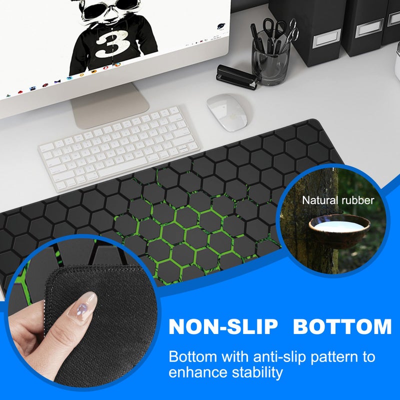 KOAIWPAE Desk Pad, Green Honeycomb Science Technology Extended Gaming Mouse Pad Large, 35.4"x15.7" Big Mouse Pad with Non-Slip Base and Stitched Edge, Long Computer Keyboard Mouse Mat for Home Office Work - Image 3