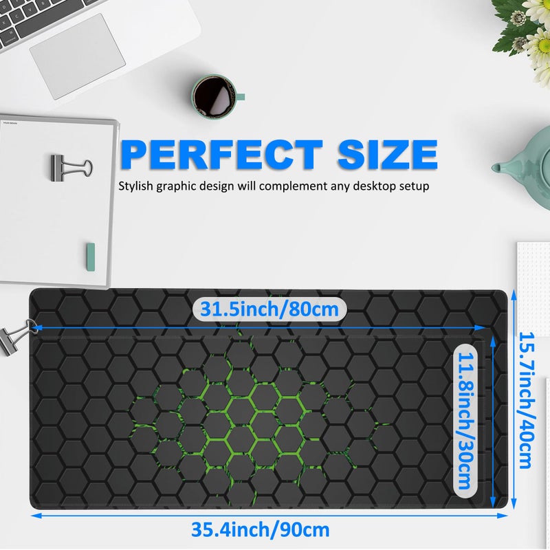 KOAIWPAE Desk Pad, Green Honeycomb Science Technology Extended Gaming Mouse Pad Large, 35.4"x15.7" Big Mouse Pad with Non-Slip Base and Stitched Edge, Long Computer Keyboard Mouse Mat for Home Office Work - Image 2