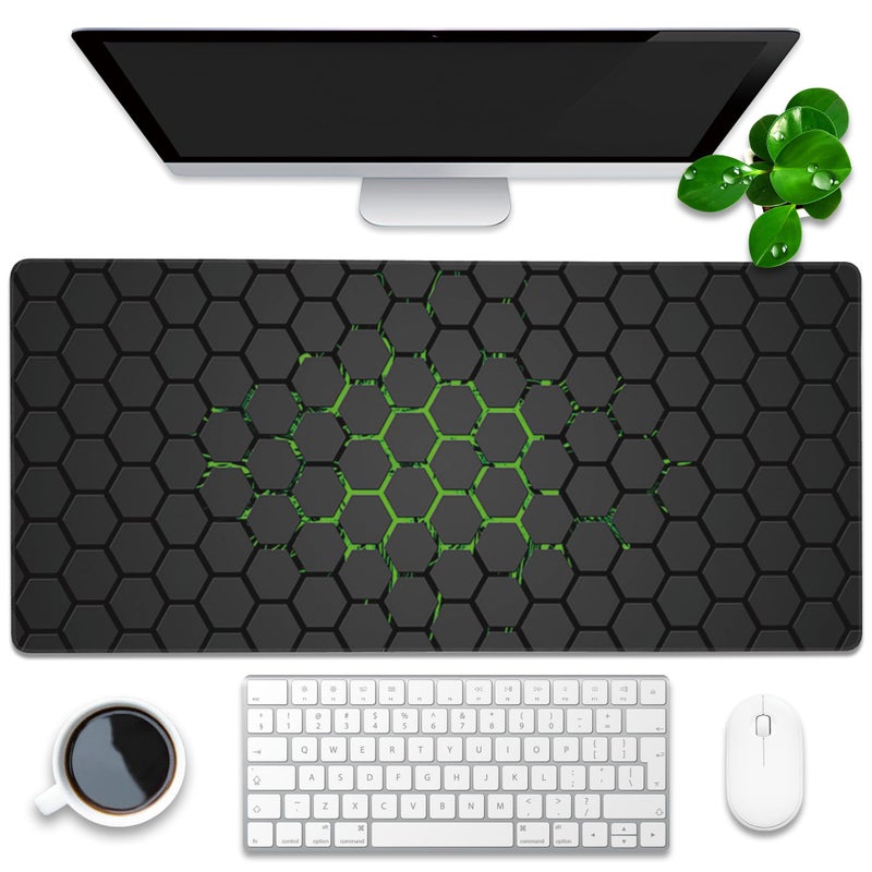 KOAIWPAE Desk Pad, Green Honeycomb Science Technology Extended Gaming Mouse Pad Large, 35.4"x15.7" Big Mouse Pad with Non-Slip Base and Stitched Edge, Long Computer Keyboard Mouse Mat for Home Office Work - Image 1