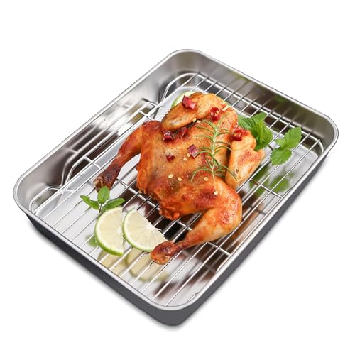 Plplaaoo Stainless Steel Roasting Pan with Rack –Nonstick Rectangular Roasting Pan and Rack Set,Roaster with Grill Set for Turkey Chicken Baking, Oven & BBQ Use (10.4x8x2IN) - Image 1